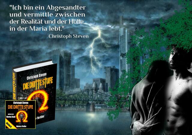 Werbegrafik zum Buch mit der Skyline von Frankfurt