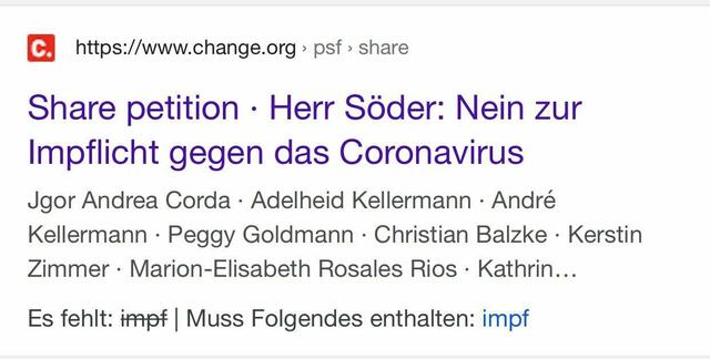 screen shot der change.org Petition Herr Söder: Nein zu einer Impfpflicht gegen das Coronavirus