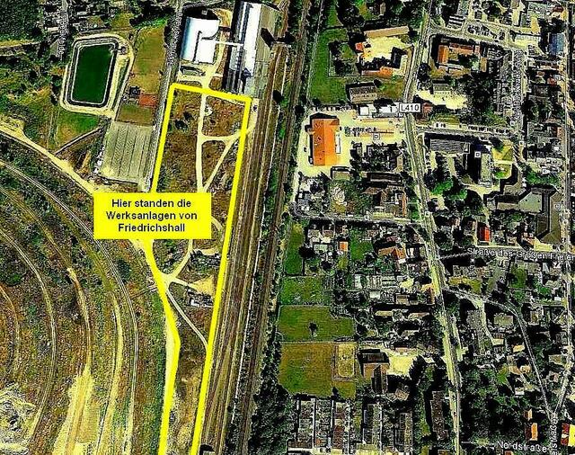 Innerhalb der gelben Markierung stand einst die Werksanlage Friedrichshall