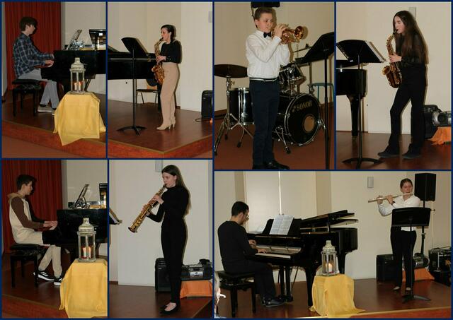 Die Solisten (v. l. oben im Uhrzeigersinn) Laurenz Bauch (Klavier), Anika Herrmann (Altsaxofon), Max Wagner (Trompete), Lucia Reiter (Altsaxofon), Sophie Wagner (Querflöte), Chiara Bunk (Sopransaxofon und Jakob Hof (Klavier) spielten Werke unterschiedlicher Genres. Am Klavier begleitete Kirill Kvetniy.