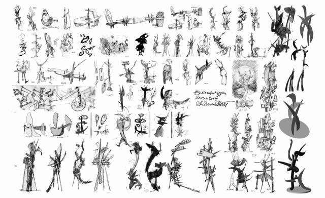 Phantastisches Skizzenblatt: Schriftgleich hintereinander aus dem Künstler heraus fließend entwickelt Andreas Heise (wie er sagt) mit fast automatischem Ungestüm seine vielen Steckfiguren. Foto Andreas Heise