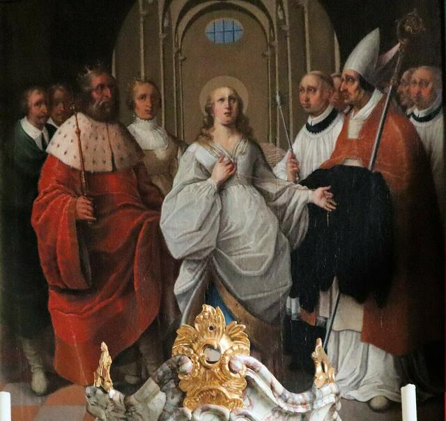 © Bild: CC – Walburgas Einkleidung durch Bonifatius im Beisein von Richard und Wunna (links) und Willibald und Wunibald (rechts), wohl um 1720 | Foto: Altarbild in der Pfarrkirche Mariä Himmelfahrt in Chammünster