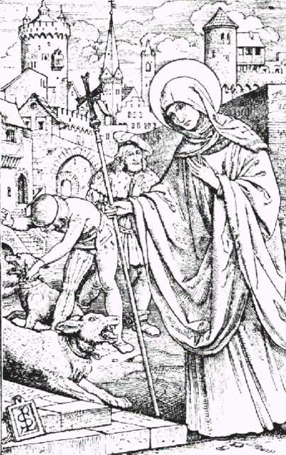 © Bild: CC – Walburga auf dem Weg zur Burg – die Hunde lassen auf ihr Wort von ihr ab | Foto: Ludwig Seitz Kupferstich, 19. Jahrhundert