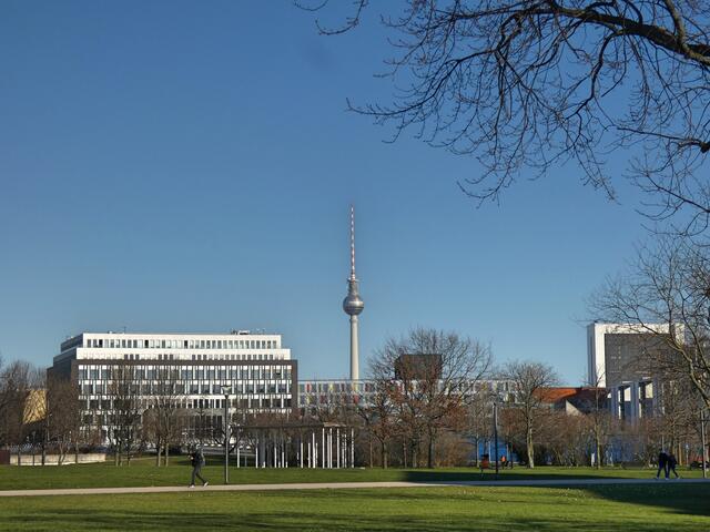 Blick vom Spreebogenpark Richtung Fernsehturm.