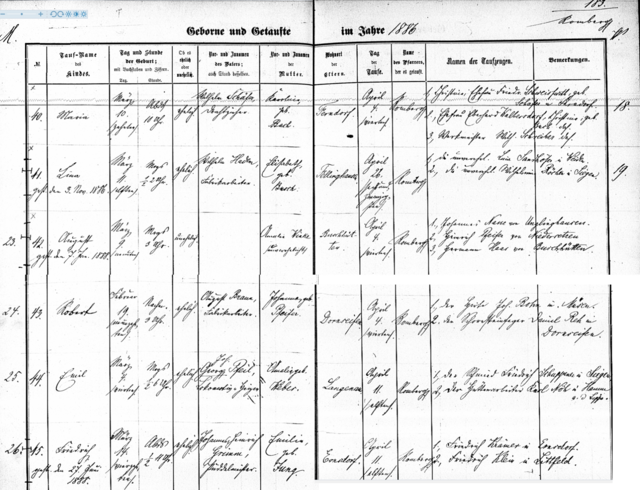 Taufe Emil Pfeil am 11. April 1886 in Siegen/Ferndorf