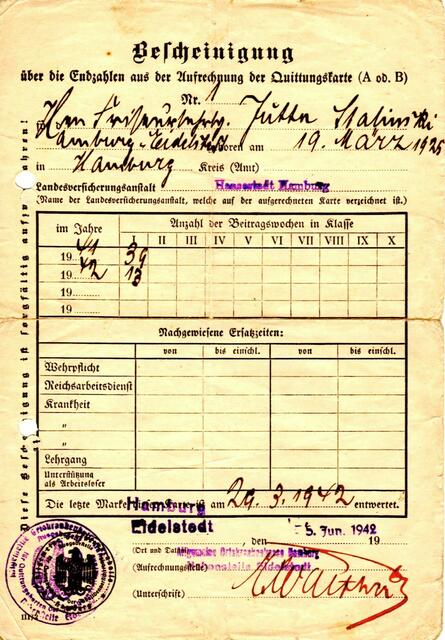Bescheinigung der Landesversicherungsanstalt vom 5. Juni 1942