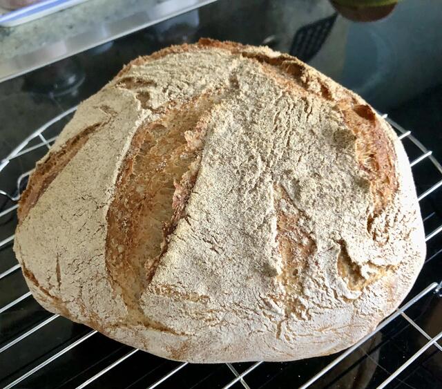 Mein zweites Brot liegt zum Abkühlen auf dem Gitter und kann nachher zum Abendessen angeschnitten werden.