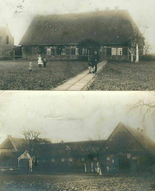 FEBRUAR - WOHNHAUS und STALLGEBÄUDE auf dem VOLLMEIERHOF KLEIN-BUCHHOLZ NR. 1. Dazu gehörte noch ein ALTENTEILERHAUS. Deswegen betrug die Versicherungstaxe im Jahr 1750 auch 150 Taler. Dieser mit 168 Morgen (=42ha) größte Vollmeierhof in KLEIN-BUCHHOLZ lag an der Ecke KLEIN-BUCHHOLZER-KIRCHWEG und IM HEIDKAMPE. Hoferbin Dora Ebeling,  verheiratete RINDFLEISCH, schrieb die beiden Postkarten, Vorderansicht und Gartenseite, 1911 und 1913.