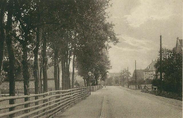 MÄRZ - Um 1928 blicken wir in KLEIN-BUCHHOLZ nördlich in die Straße IM HEIDKAMPE. Links bei der GASLATERNE geht die DREIHORNSTRASSE ab. Davor, hinter dem Bretterzaun, ist die Weide vom Bothfelder Kleinkötner Nr. 23. Hinter den Bäumen ist der BRINKSITZERHOF KLEIN-BUCHHOLZ Nr. 30 von FRIEDRICH GRETHE zu erkennen. Rechts ist ein Straßengraben beim Überqueren zum KOPFWEIDENWEG mit einer HOLZABGRENZUNG gesichert. Zwischen den ersten beiden TELEPHONMASTEN ist die VILLA des Radiergummifabrikanten KULP zu sehen.