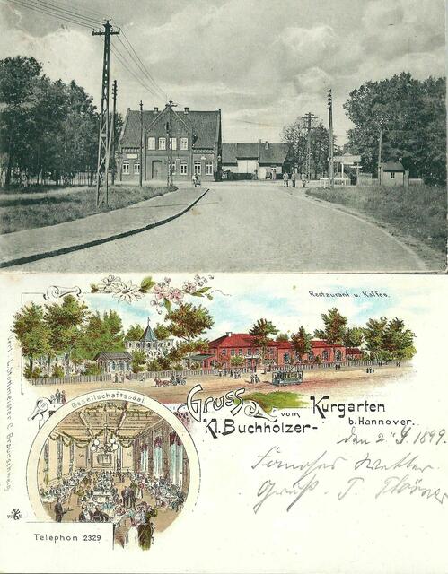JULI - Blick vom GROSS-BUCHHOLZER-KIRCHWEG in die SUTELSTRASSE, 1915 (oben). Das Backstein-Gebäude an der CELLER CHAUSSEE wurde 1896 vom Gastwirt-Ehepaar HELENE und AUGUST NOLTEMEYER übernommen. Es wurde ein beliebtes Ausspannlokal. Die nahe Noltemeyerbrücke erinnert heute noch an dieses Ehepaar. Auf der anderen Seite der Sutelstraße zeigt ein großes Schild den Eingang zum "KLEIN-BUCHHOLZER-KURGARTEN" an, der in seiner ganzen Fläche (Farb-Lithographie, unten) zu sehen ist. Der Saal bot Platz für 430 Gäste.