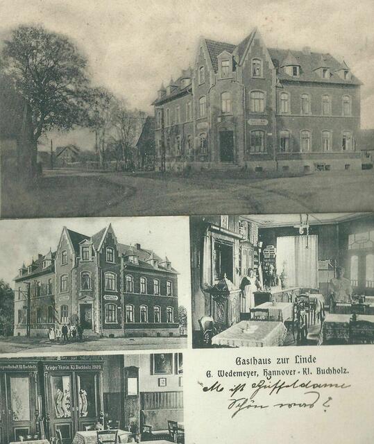 MAI - GUSTAV WEDEMEYER besaß den KLEINKÖTNERHOF KLEIN-BUCHHOLZ 24. 1907 baute er das "GASTHAUS ZUR LINDE" an der Ecke KLEIN-BUCHHOLZER-KIRCHWEG/MARTINSTRASSE Nr. 7. Bis 1930 fuhr die Straßenbahnlinie 17 nach Burgwedel an diesem Gasthaus vorbei. Es lag mitten im Dorfe und war VEREINSLOKAL der UNIFORMIERTEN SCHÜTZENGESELLSCHAFT und des KRIEGERVEREIN KLEIN-BUCHHOLZ. Deren beide Fahnen sind im Clubzimmer in GLASSCHRÄNKEN zu sehen. Untere PK: Gastwirt G. WEDEMEYER hatte davon 1000 Stück zu 25 RM drucken lassen.