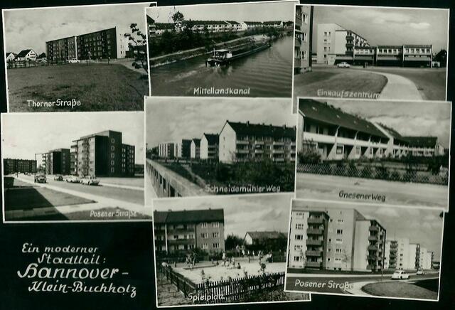 DEZEMBER - "Ein moderner Stadtteil: Hannover-Klein-Buchholz" steht auf dieser Postkarte um 1960. Diese wurde von INGEBORG GEBERT, Inhaberin eines Schreibwarenladensin der POSENER STRASSE 29 herausgegeben. Da ist es nicht verwunderlich, dass die 8 Photomotive alle an Straßen mit westpreußischen Namen liegen. Es sind Bilder aus dem WESTPREUSSEN-VIERTEL zwischen Mittellandkanal und Ebelingstraße.