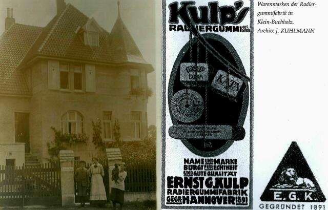 APRIL - 1714 wurde in LONDON die erste Schreibmaschine zum Patent angemeldet. Seitdem gibt es auch Tippfehler. Um diese zu beseitigen benötigt man ein RADIERGUMMI. Das erkannte 1891 ERNST KULP und gründete eine RADIERGUMMIFABRIK in LINDEN, die 1908 nach KLEIN-BUCHHOLZ, IM HEIDKAMPE 24 (heute 54) in einen FLACHBAU verlegt wurde. 1910 wurde vor dieser Fabrik diese stattliche "KULP-VILLA" erbaut. Seine Enkelin JUTTA mit Ihrem Sohn wohnen heute noch dort.