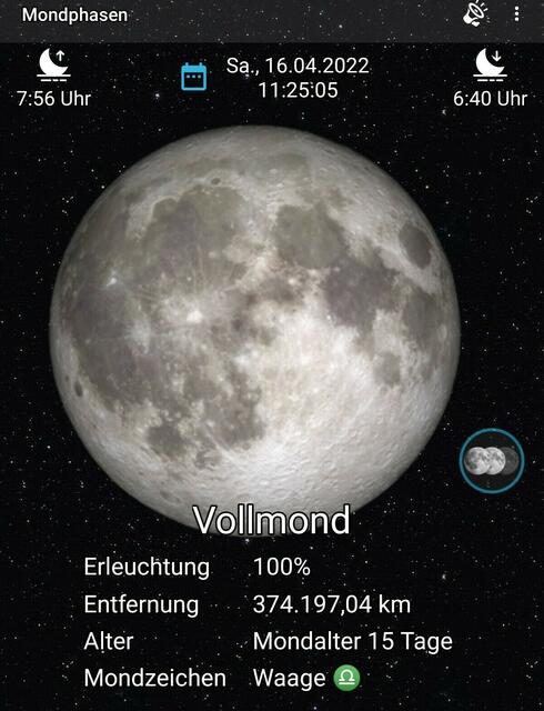 Vollmond - 17.4.2022 .2022 !!! Gartenschau - Sonntagsbilder 2022 !!!  Temperaturen: Nachts 1,7 minus / 10:31 8,7° plus / 13:54 10,8° plus  ]Die Temp­eraturen in Nebra steigen heute maximal auf 14 Grad Celsius.
In der Nacht wird mit 2°C die Tiefst­temperatur erreicht. Die Niederschlags­wahrscheinlichkeit beträgt 0% und die Niederschlags­mengen sind mit 0,0 l/m² berechnet.
Zudem liegt die heutige Luft­feuchtigkeit bei 62%. Sonnen­aufgang ist um 06:12 Uhr, Sonnen­untergang um 20:13 Uhr.