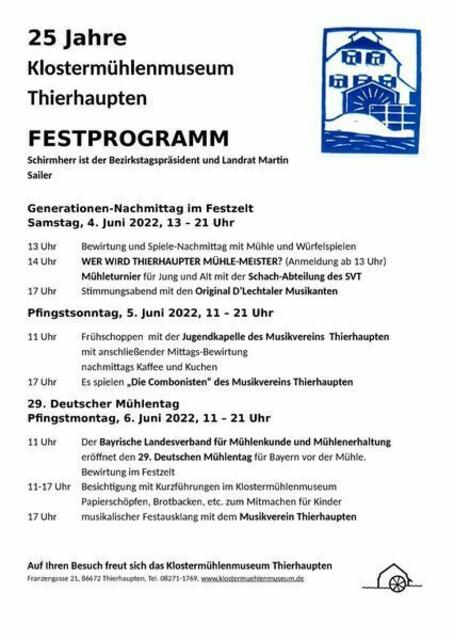 Das Festprogramm zum 25. Geburtstag des Klostermühlenmuseum im Festzelt auf der Mühlenwiese mit Bewirtung, Musik und Unterhaltung