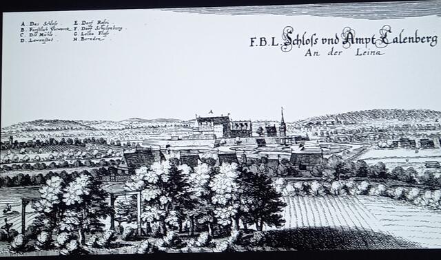 Merian Stich Schulenburg Amt Calenberg mit Galgen im Vordergrund wahrscheinlich auch Gerichtsstätte bei der Thiedenwiese