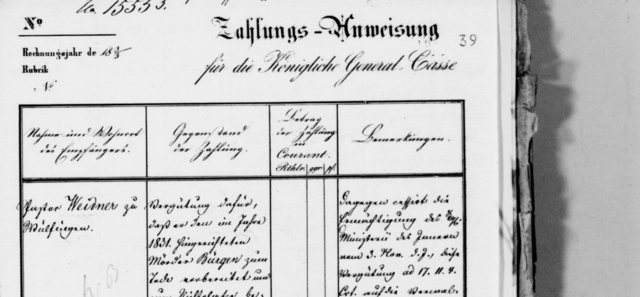 Zahlungsanweisung für den begleitenden Pastor aus Wülfingen