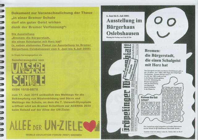 Titelseite: Dokument zur Veranschaulichung der These "In einer Bremer Schule darf ein guter Geist wirken dank der Bremer Verfassung"
