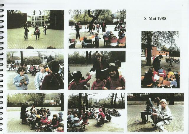 8. Mai 1985: Schulkinder versammeln sich um einen alten Birnbaum und malen ihn und singen