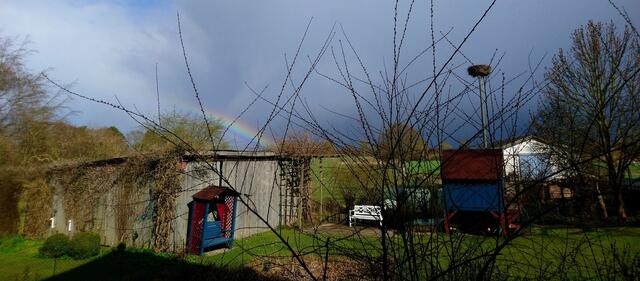Blick auf Storchennest und Regenbogen von unserer Ferienwohnung aus