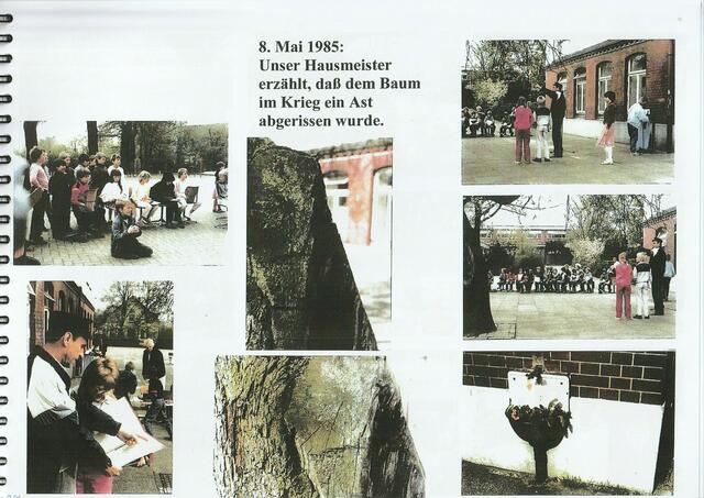 8. Mai 1985: Unser Hausmeister erzählt, dass dem Baum im Krieg ein Ast abgerissen wurde.