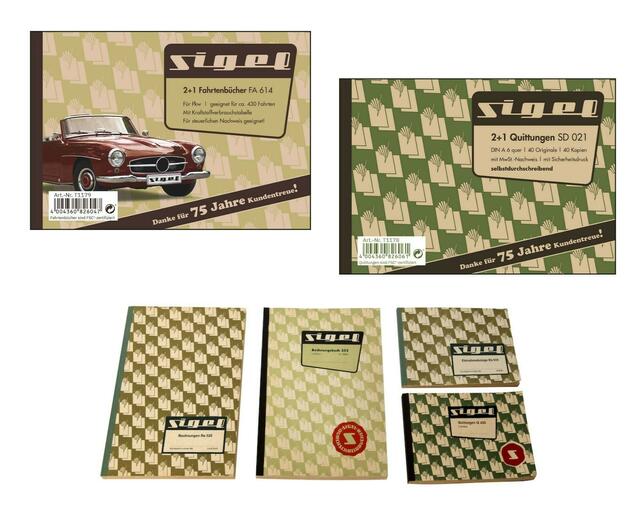 Zum 75-jährigen Jubiläum gibt es die zwei beliebtesten Formularbücher von SIGEL als Aktionspackung im Retro-Design. Fahrtenbuch und Quittungsblock sind praxisbewährt und millionenfach im Einsatz. Die Retro-Optik erinnert an vergangene Zeiten, während der Inhalt der selbstdurchschreibenden Formularbücher immer aktuell und rechtssicher ist.
