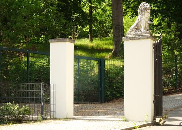 Kleinere Löwenstatue an der "Straße zum Löwen". In dieser Straße mit Hausnummer 1 stand ein Landhaus, das abgerissen werden soll. Somit stehen dann von ursprünglich 14 Coloniehäusern nur noch sechs.