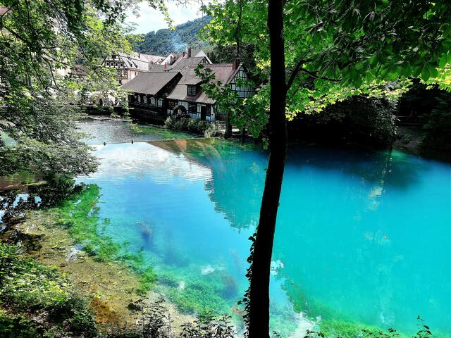 Der 21 m tiefe Blautopf erhält seine Farbe durch den Lichteinfall und den Kalkpartikeln