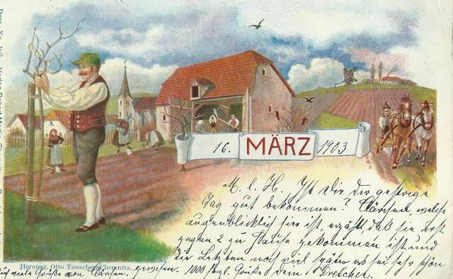 März 1903, jetzt heißt es schon "Mein lieber Heinz" und "Dein Gretchen" Sie schreibt diese Postkarte an Heinzens Arbeitsadresse "Gebrüder Jänecke" in der Osterstraße...