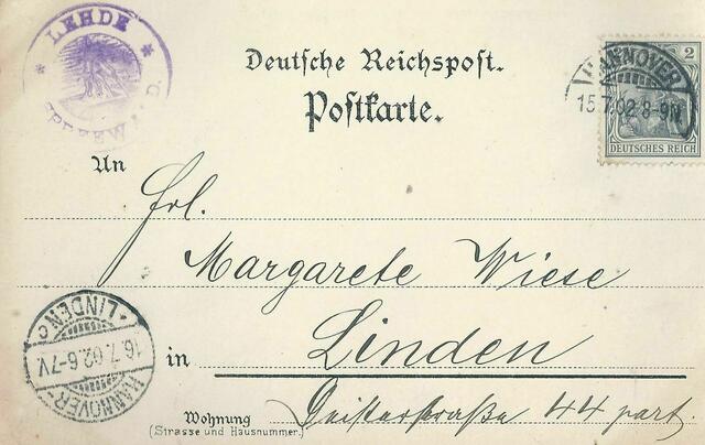 ...Juli 1902, Postkarte aus dem Spreewald,  noch kann er sie zur Deisterstraße 44 schicken, der Text ist ja noch sehr unverfänglich...