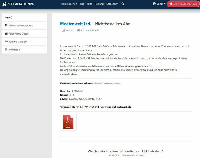 Meldung mit Briefanhang