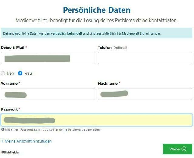 Das muss man dann ausfüllen, was mir schon wieder gegen den Strich ging. Aber es geht sonst nicht weiter und wird vermutlich nicht bearbeitet.