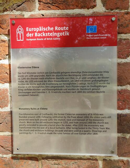 Erklärungen zur 5 Kilometer östlich von Greifswald gelegenen Klosterruine Eldena. Ein ehemaliges Zisterzienserkloster.
