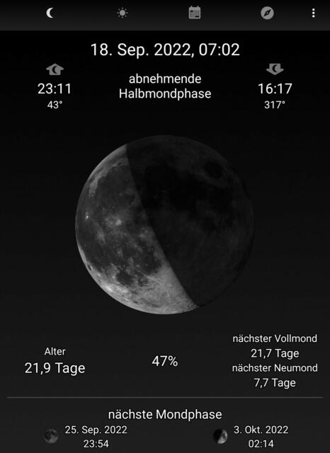 Fast Halbmond - 18.9.2022 !!! Gartenschau - Sonntagsbilder 2022 !!!  Temperaturen: Früh 6:03 18,3 Grad / 11:19h 11,2° / 13:36 h 13,9° plus