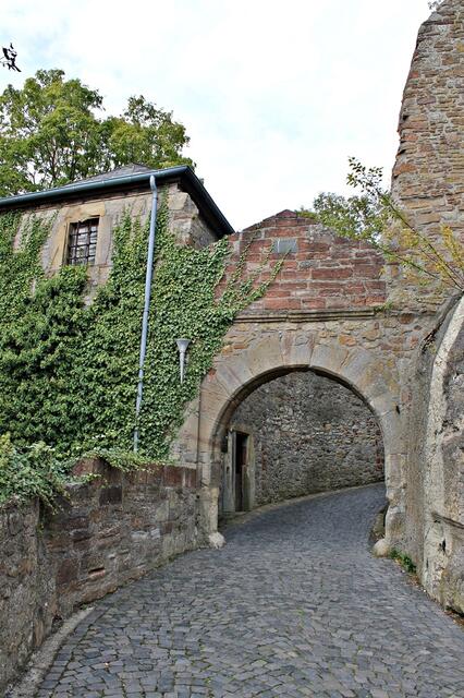 Das untere Rundtor am Pulverturm (1637) trägt das Wappen der Linie Waldeck-Pyrmont (um 1830). (Quelle: Wikipedia)