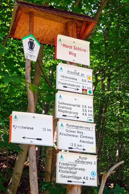 Schilderbaum Alexisbad. Aufgrund seiner Verdienste für den Erhalt dieses Wanderweges, wurde der Weg nach dem Vorsitzenden des Harzgeröder Zweigvereins, Horst Schöne, am 23.03.2019 in einer Festveranstaltung  benannt.