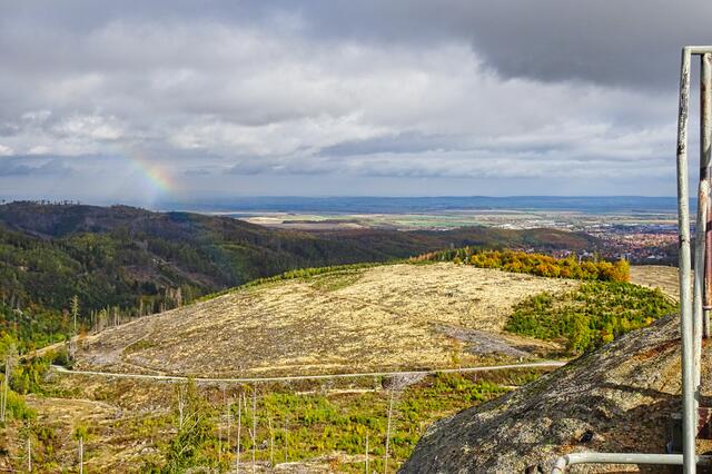 so kahl sieht es vom Ottofelsen in Richtung Wernigerode aus, mit Regenbogen
