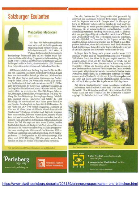 "Salzburger in Perleberg" &gt; https://www.stadt-perleberg.de/news/1/411158/nachrichten/411158.html [Text: Martina Hennies, 2017 (nach Informationen von Gerd Obersteller)] | Foto: Genehmigung der Stadt Perleberg