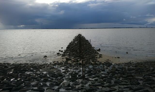 Blick von Eckwarderhörne auf Wilhelmshaven. Dort geht gerade ein Unwetter nieder.