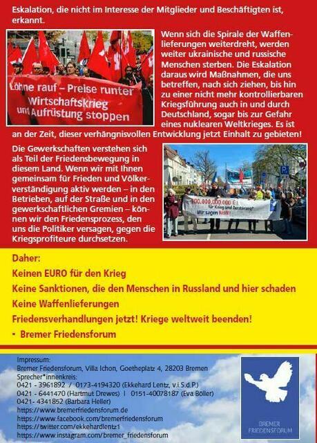 Keinen EURO für den Krieg
Keine Sanktionen, die den Menschen in Russland und hier schaden
Keine Waffenlieferungen
Friedensverhandlungen jetzt! Kriege weltweit beenden!