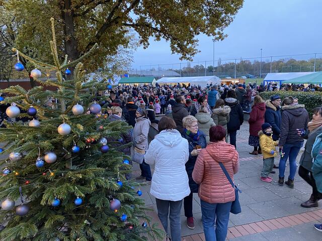 Ein schön geschmückter Baum und ein sehr gut besuchter Markt.