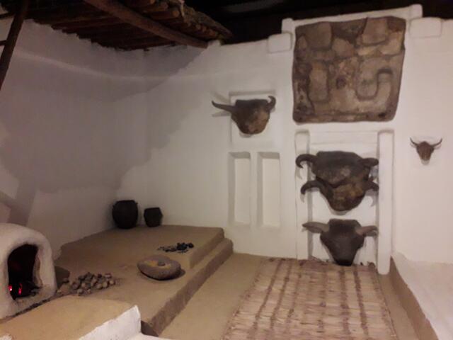 Ein Kultraum der Jungsteinzeit in Catalhöyük (nachgebaut in Ankaras Museum der anatolischen Zivilisationen) : in Lehm modellierte Köpfe der gerade schon gezähmten Auerochsen, ein stark beschädigtes Flachrelief der Fruchbarkeitsgöttin und eine Reibschale für Getreide (Voraussetzung für sesshafte Zivilisation)
