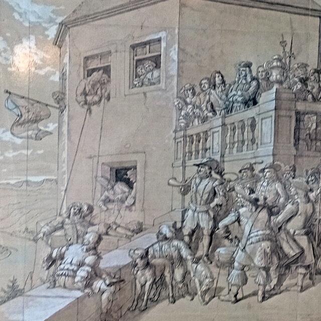 Die Vorstudie zu dem verschollenen Gemälde "Das Pagenbett" von Theobald Reinhold Anton von Oer. 
Die Geschichte zum Bild. Heinrich von Grunau schlief berauscht auf einem Hoffest des Kurfürst Johann Georg II am Fenstersims über einem tiefen Abgrund. Der Kurfürst ließ ihn anseilen und "musikalisch" wecken. Der Sims ist als Pagenbett bekannt.