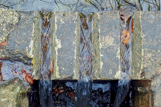 Fast ein Rätselbild. Der Überlauf am Seerosenteich. Man könnte denken, dass es sich hierbei um Eis handelt. Tatsächlich ist das strömende Wasser des Reineckenbaches.