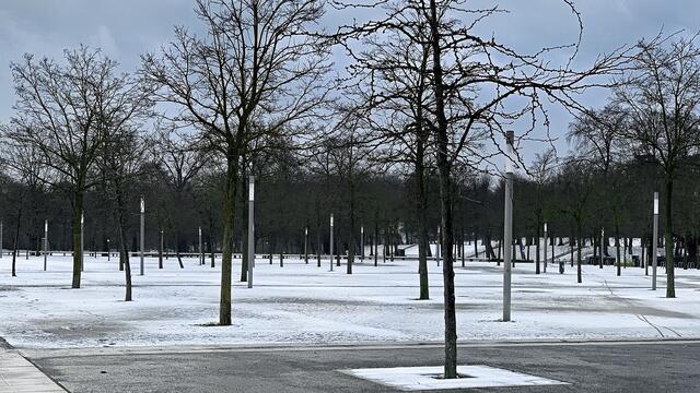 Auf dem Bertha-Klingberg-Platz am Burgsee liegt eine hauchdünne Schneeschicht.