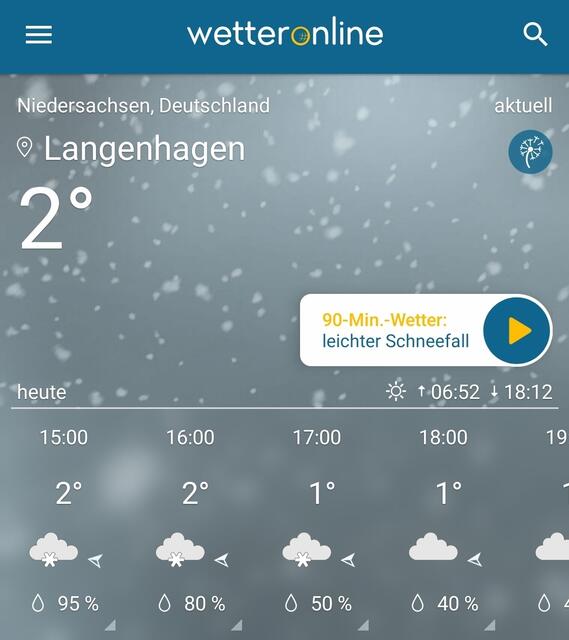 Bild 3/3: Das Wetter heute in Langenhagen = 0 bis 2 °C, kalter Ostwind, leichter Schneefall.