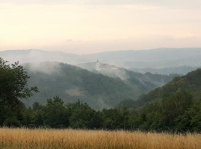 Im Dunkelsteiner Wald kommt Maria Landegg in Sicht.