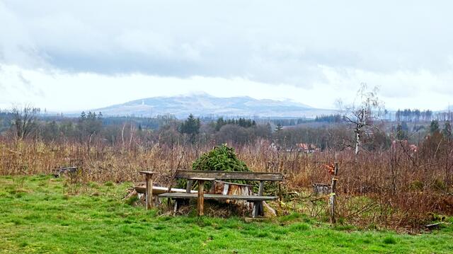 Blick vom Grillplatz auf en Wolkenverhangenen Brocken