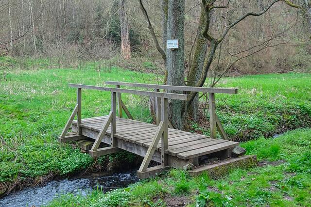 über diese Brücke über den Friedensbach im Friedenstal gelangt man zur Marienquelle und zur Kirschwiese