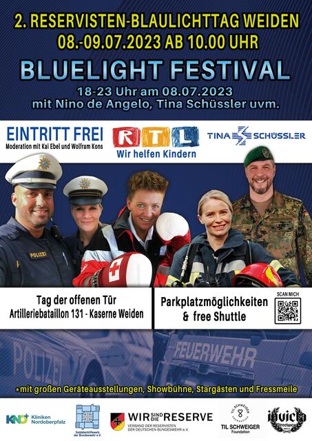 Blaulichttag, Bluelight Fdstival und Tag der offenen Tür in Weiden, Major Radloff Kaserne, Oberpfalz, am 08.07.23 und 09.07.23 / Artillerie Bataillon 131 / Kreisgruppe Oberpfalz Nord, Hartmut Schütze, gründen RTL Spendenmarathon mit Til Schweiger, Tina Schüssler, Nino de Angelo uvm.  | Foto: Reserveverband Hartmut Schütze